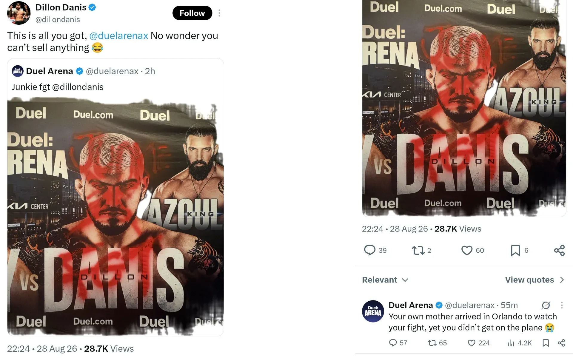 Dillon Danis X posts screengrabs about Duel Arena